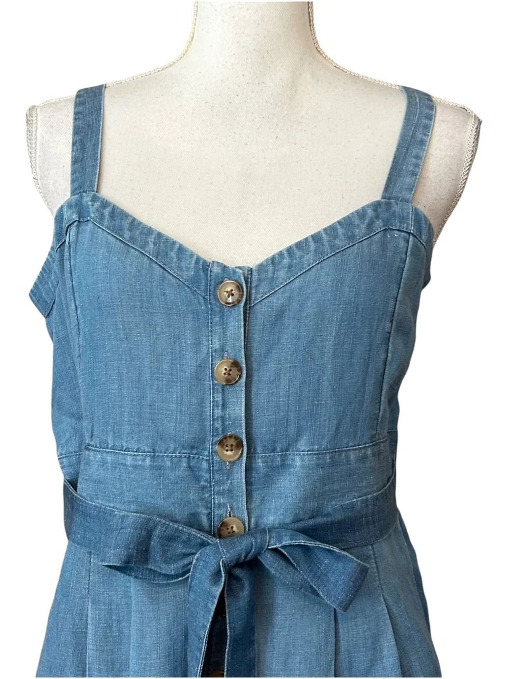 LOFT Belted Sleeveless Wide Leg Chambray Strappy Jumpsuit Women’s SZ 2 in blue